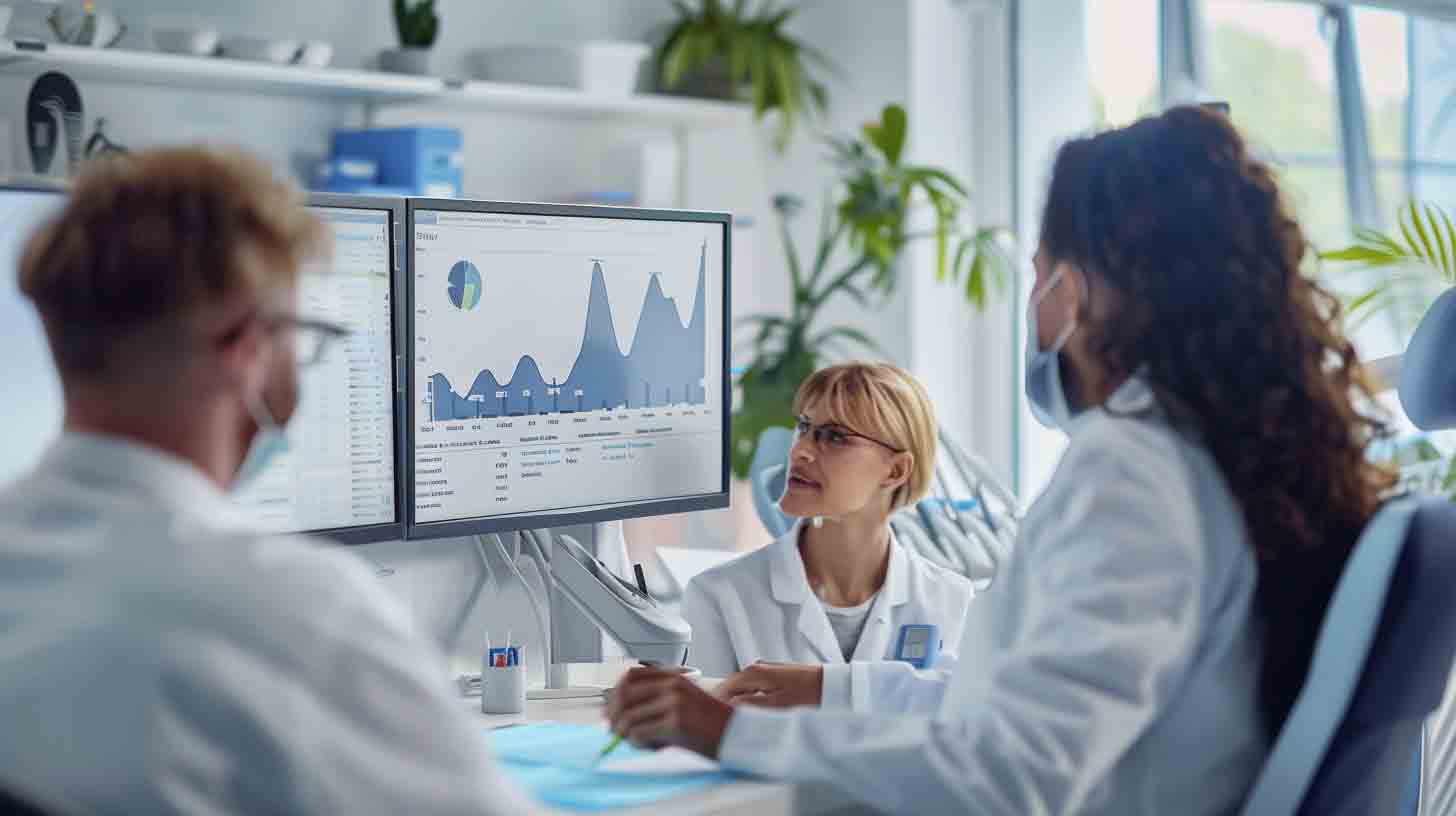 Dental professionals reviewing local SEO performance metrics and patient growth data