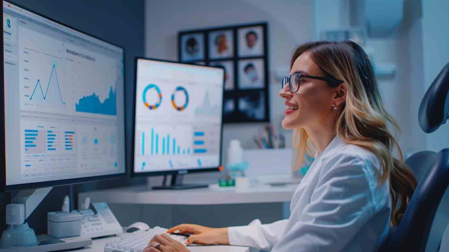 Dental PPC specialist analyzing Google Ads performance and patient lead data on multiple dashboards