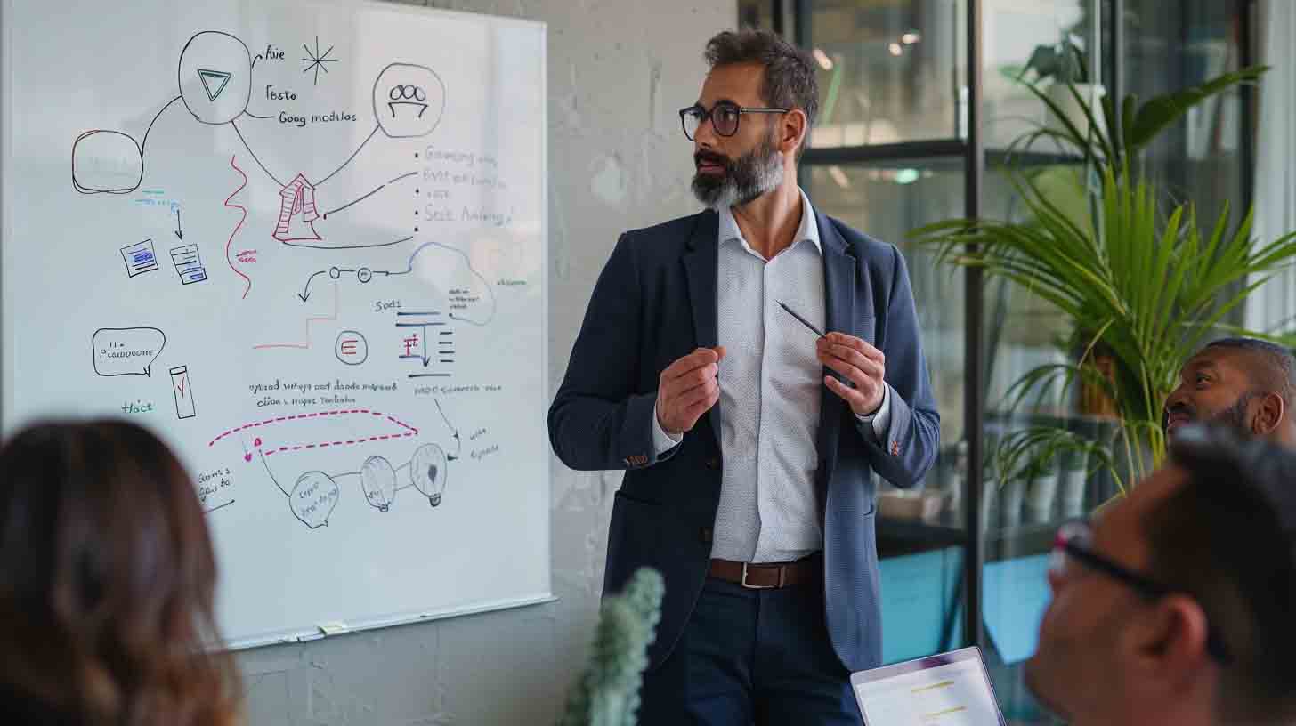 Digital marketing strategist presenting a dental PPC and Google Ads growth strategy on a whiteboard
