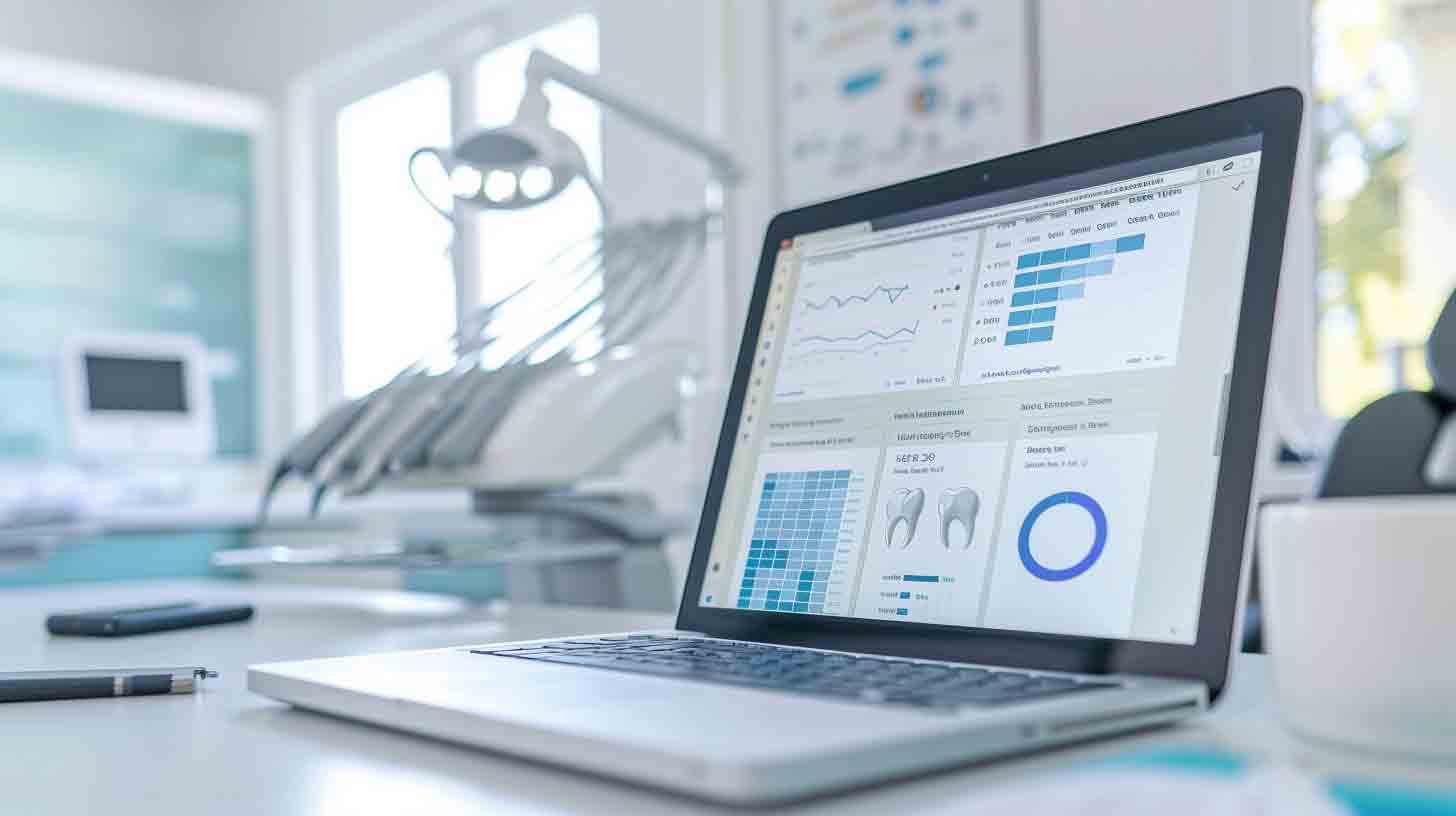 Dental social media analytics dashboard displayed in a modern dental office environment