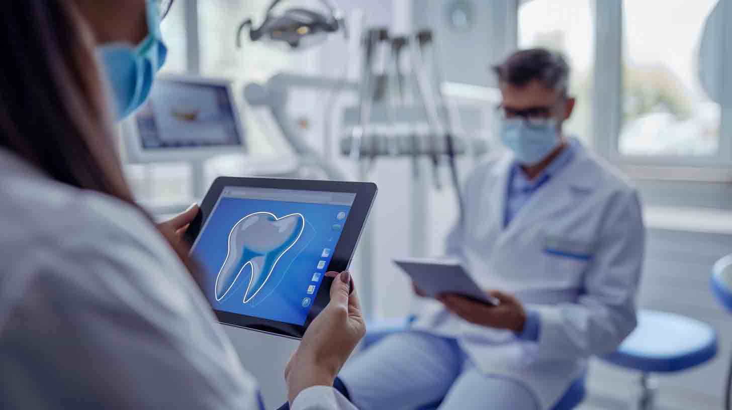 Dentist reviewing dental social media content strategy on a tablet in a modern dental office