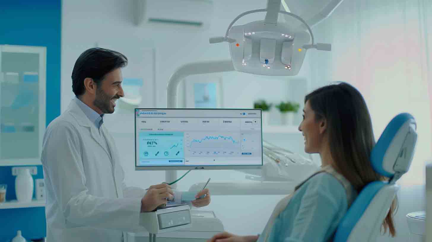Dentist reviewing website performance and patient conversion metrics during an in-office consultation