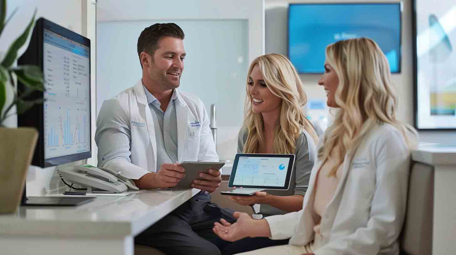 Dentist and marketing team reviewing Google Ads lead generation and patient acquisition metrics