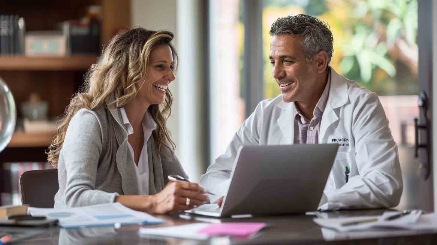 Dentist reviewing marketing performance data with a digital marketing consultant