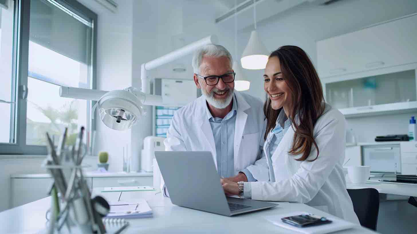 Dentists reviewing marketing performance and patient growth results with a consultant
