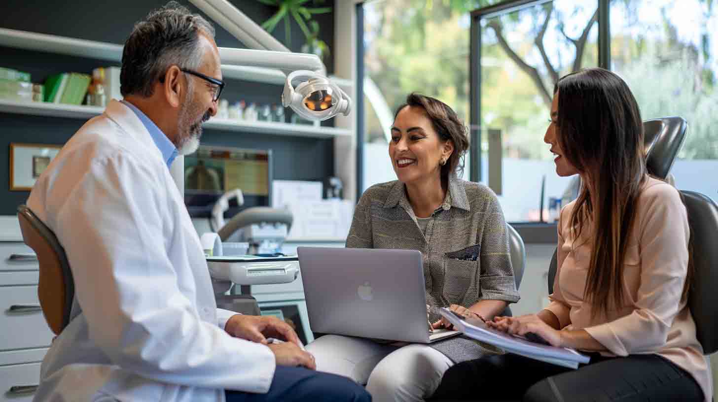 Dental practice owner meeting with marketing consultants to review patient growth strategy