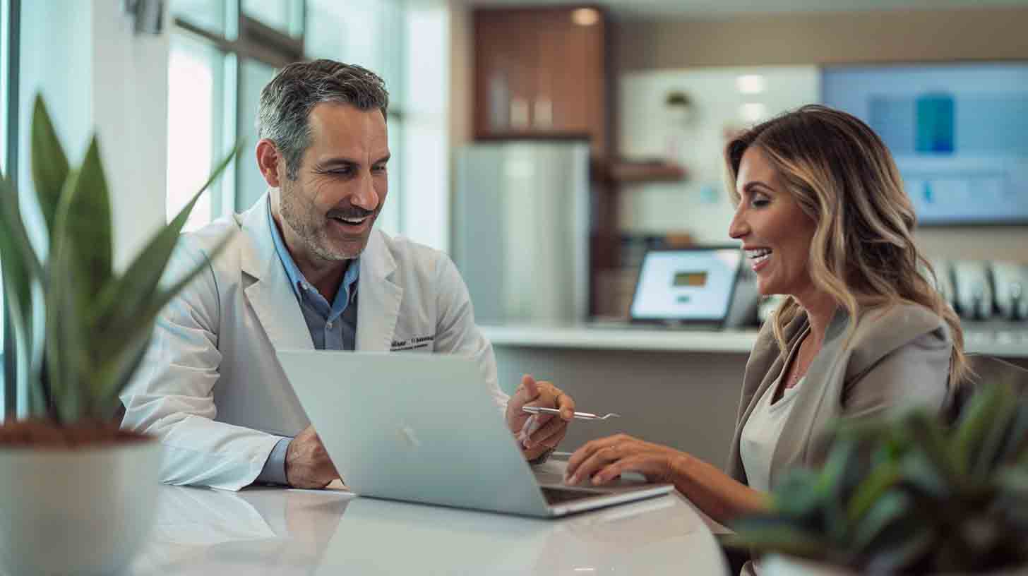 Dentist meeting with a marketing consultant to review dental marketing strategy and patient growth in San Diego